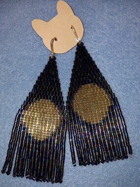 ✨✨✨ NWT Handmade Beaded Moon Fringe Earrings 18K Gold Cubic Zirconia ✨✨✨